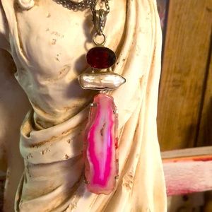 925 Sterling Silver Faux Ruby & White Stone with Pink Stone Pendant